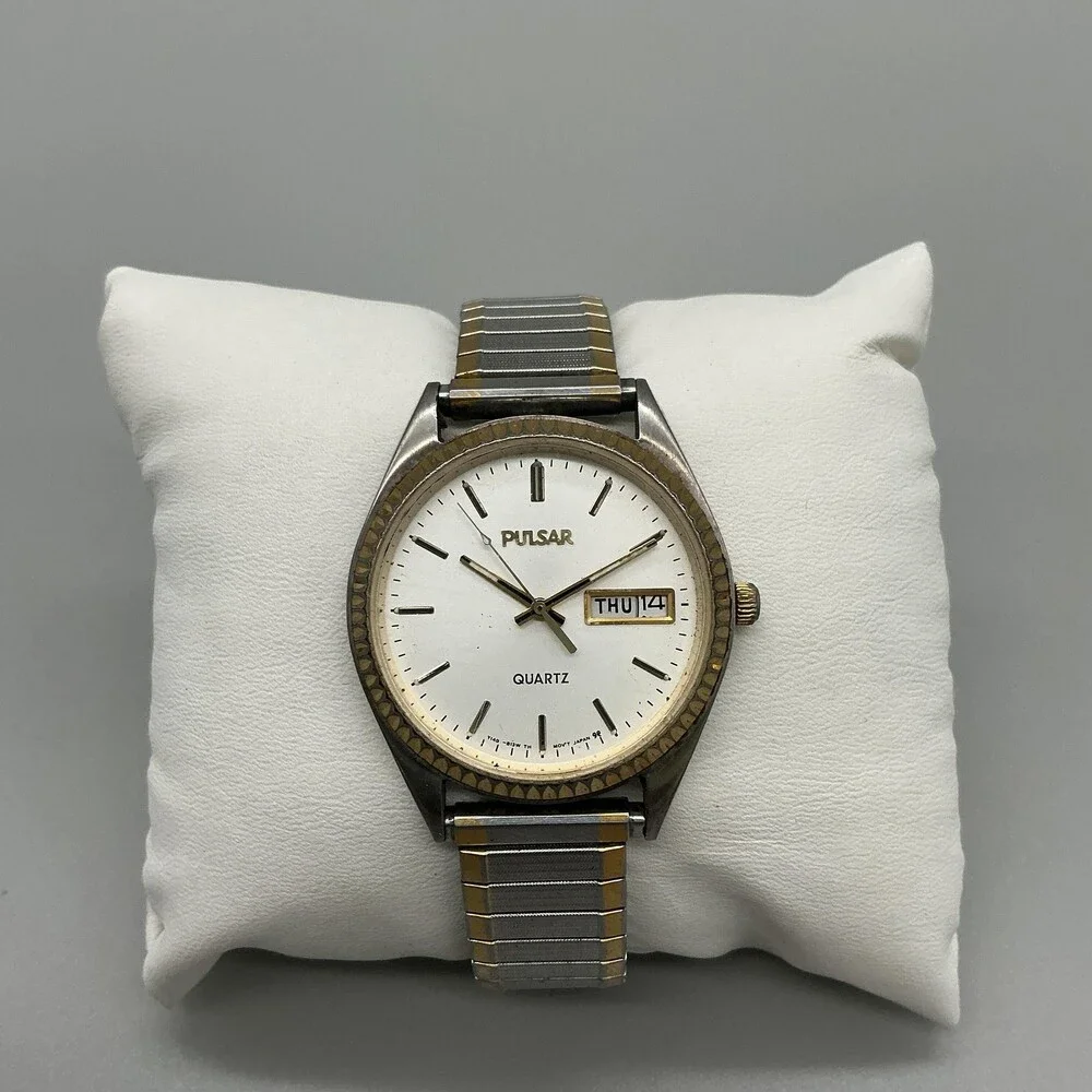 Vintage Pulsar Mens Watch 35mm Day Date YY148-8090 Two Tone Stretch New Battery